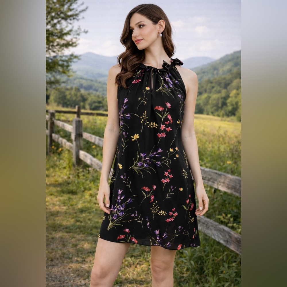 Tahari Dress 10 Black Multi Floral Ruffle Neck Shift Flowy Sleeveless Summer